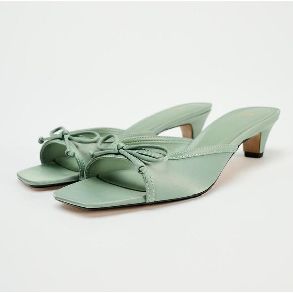 ZARA Open Toe Heels NWT | Green Bow Detail Square Toe - Picture 14 of 16